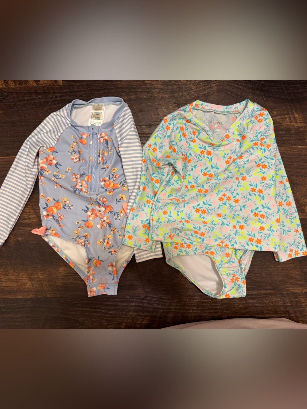 Carter's Girls Light Blue & Aqua Floral Long-Sleeve One-Piece Swimwear